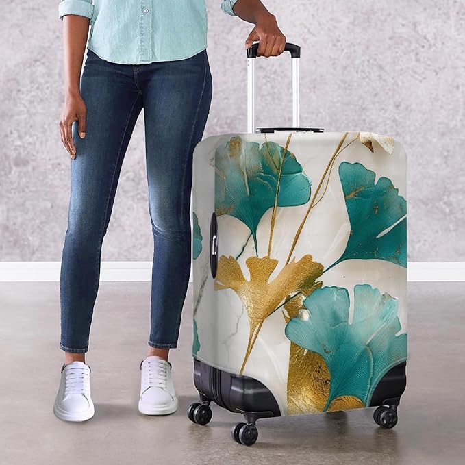 Gold Ginkgo Biloba Leaf Travel Luggage Cover Elastic Baggage Protector for Women Girls,Fits 30-32 Inch Washable Suitcase Covers