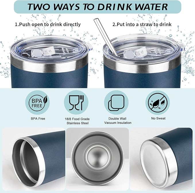 20oz Tumbler with Straw and Brush, Stainless Steel Vacuum Insulated tumbler, Double Wall Insulated Coffee Tumbler for Outdoor, Home, Travel,Office (Navy Blue,8pcs)
