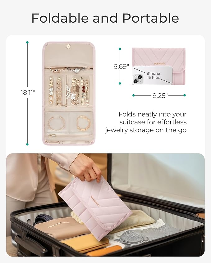 BAGSMART Travel Jewelry Organizer Case, Foldable Jewelry Roll for Necklaces, Earrings, Journey-Rings, Bracelets, Brooches, Portable, Pink