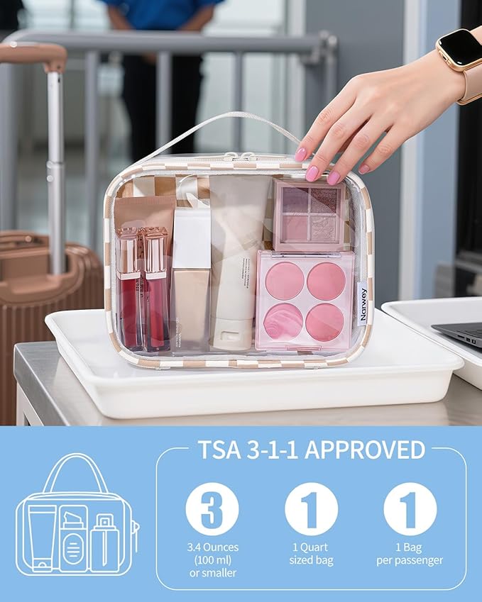 Narwey TSA Approved Clear Toiletry Bag for Travel, Waterproof PVC Clear Makeup Bags, Portable Compact Cosmetic Bag Make Up Organizer, Airport Airline Quart Size Compliant Bag (Light Checkerboard)
