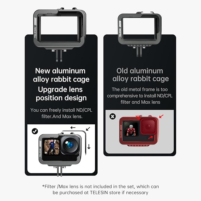 TELESIN Aluminum Case Metal Cage Protective Frame Housing for GoPro Hero 13 12 11 10 9, Fits for Go Pro When ND CPL Lens Filter Max Lens Mount on, with Cold Shoe Connect to Video Light Microphone