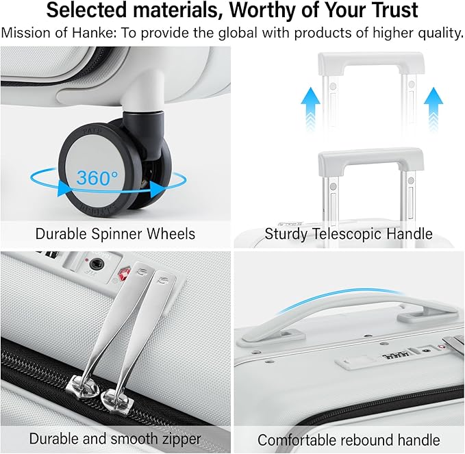 Hanke 24 Inch Luggage with Cup Holder and Charge,Top Opening Hard Shell Suitcases with Wheels and Dividers,Aluminum Frame Trunk Luggage Medium Checked Suitcase with Lock for Travel,Smoke White