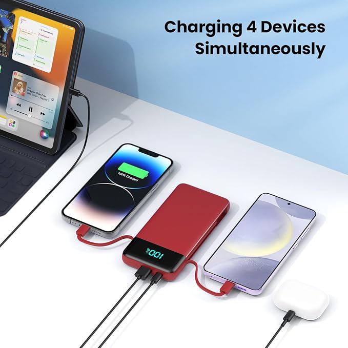 Portable Charger for iPhone with Built in Cables and Wall Plug,Upgraded 13800mAh Fast Charging USB C Power Bank,4 Outputs Travel Essential Battery Pack Compatible with iPhone 15/14/13/12,-Red