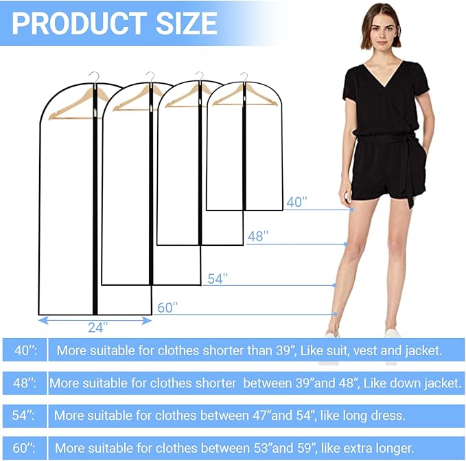 Garment Bags for Hanging Clothes 24'' x 40'' (Set of 12) Coat Covers for Closet Foldable Washable Dress Bags for Hanging Clothes for Long Dress Dance Costumes Suits Gowns Coats