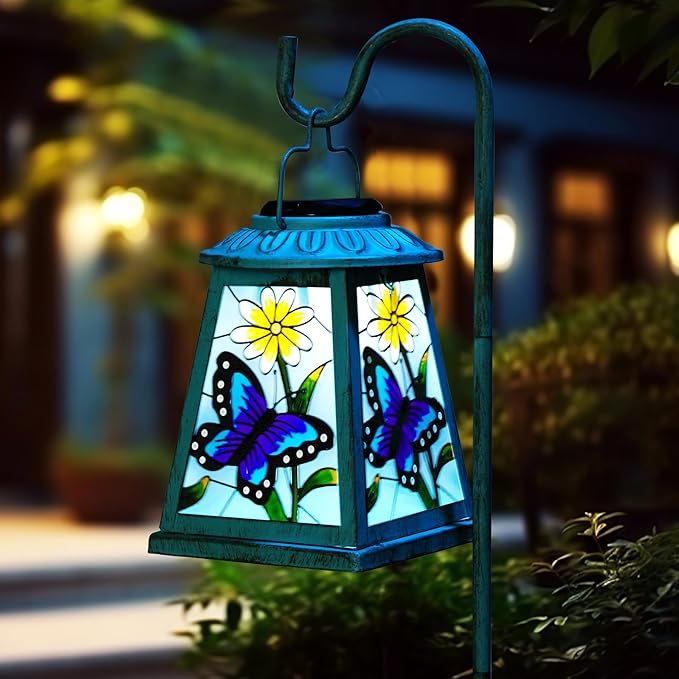 Butterfly Solar Lantern with Shepherd Hook, Outdoor Hanging Metal LED Garden Light Waterproof for Patio Yard Pathway, Unique Butterfly Lantern Decor and Meaningful Garden Gift for Mom Grandma Women