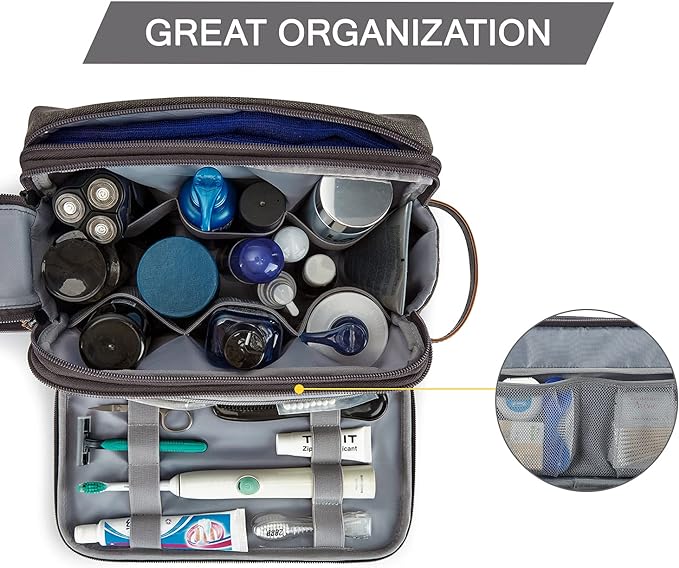 BAGSMART Toiletry Bag for Men, Canvas Travel Toiletry Organizer Dopp Kit Water-resistant Shaving Bag for Toiletries Accessories,Grey-Large