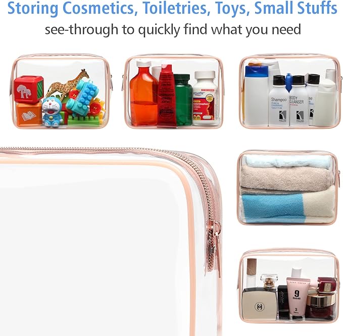 PACKISM TSA Approved Toiletry Bag - Clear Makeup Bags in 2 Size, Durable with Supporting Frame, Perfect for Travel Essentials, Carry-on Airport Airline Compliant Bag, Rose Pink