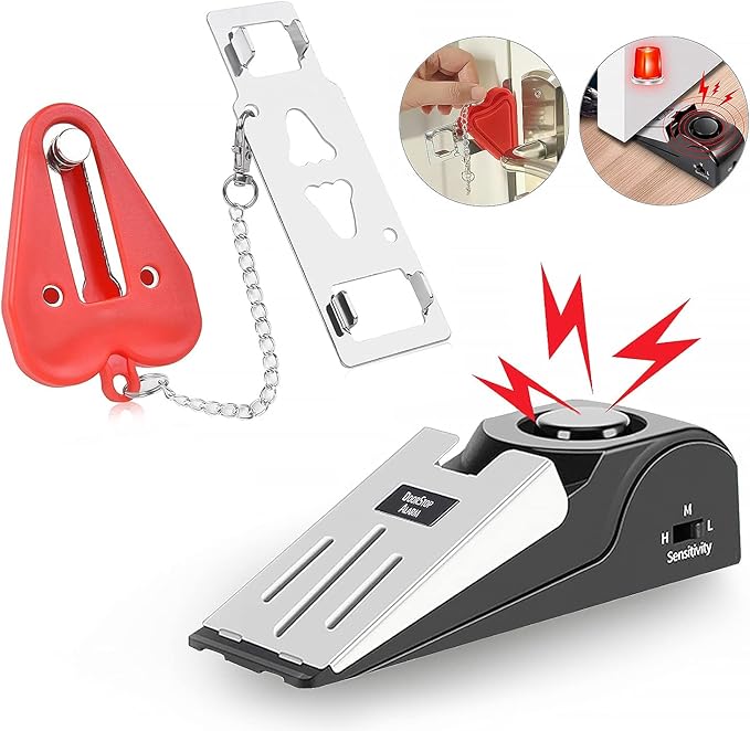 MBBEST Portable Door Lock & Door Stop Alarm,Dual Protection Security Devices Pocket Door Stopper Self Defensey Tools for Hotel Travel Home Apartment House, Red/Black