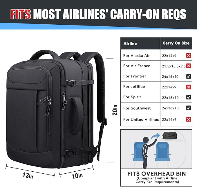 Travel Backpack,Expandable 40-50L Carry On Backpack,Extra Large Anti-Theft TSA Flight Approved Large Weekender Daypack Bag for Men and Women, Waterproof Pocket Lightweight Travel Gifts for Men,Black