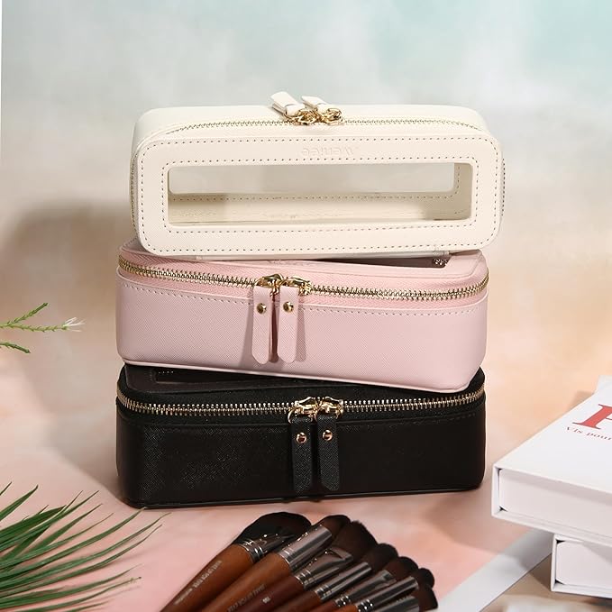 Aveniee Clear Makeup Brush Bag,Slim Cosmetic Brush Holder,Small Toiletry Bag Mini Travel Case for Women,Thin Make up Bags with Dual Zipper,Cute Travel Essentials Organizer,White
