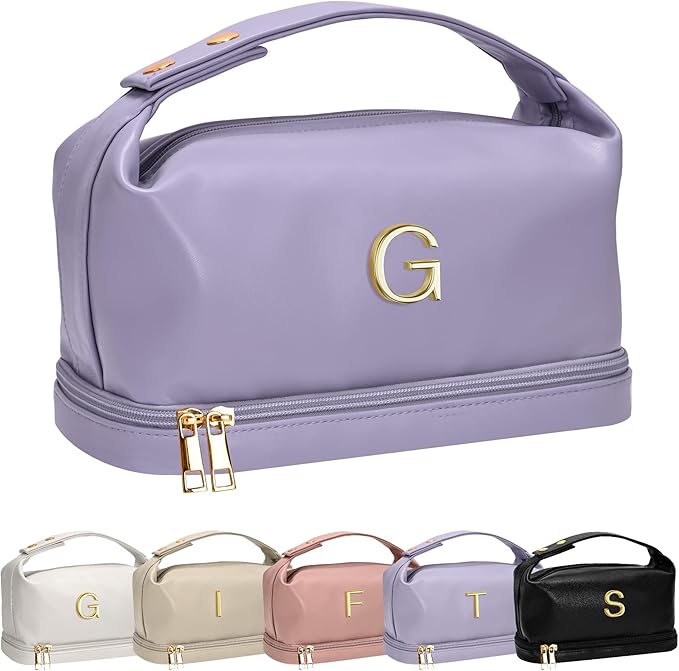 Initial Makeup Bag, Personalized Bags with Handle, Waterproof Double Layer Cosmetic Bag, Large Capacity PU Leather Makeup Bags Letter Travel Toiletry Bag with Makeup Brush Organizer