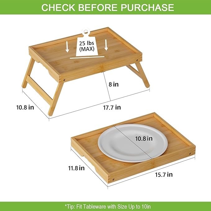 Bed Tray Table with Folding Legs, Bamboo Breakfast in Bed for Kitchen Serving Tray, Sofa, Eating, Used As Laptop Desk Snack Tray (4 Pack, Bamboo Color)