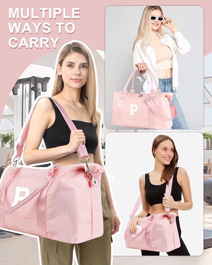Initial Travel Duffel Bag Sports Gym Bag for Girls Teen Birthday Gifts,Pink Personalized Weekender Bag Carry On Tote Bags for Women Men,Waterproof Overnight Luggage Bag with Trolley Sleeve(Letter P)