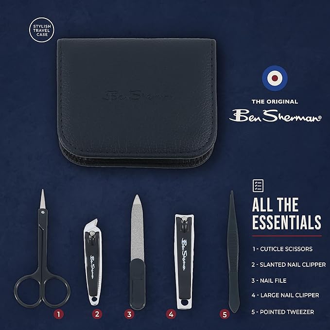 Ben Sherman Nail Clippers for Men Travel Size Nail Clipper Set, 5 Pcs Mens Nail Grooming Kit includes Nail Clippers, Scissors, Tweezers and Leather Traveling Case