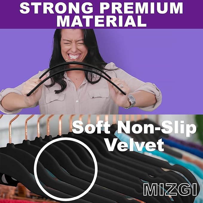 MIZGI Premium Velvet Hangers (30 Pack) Heavy Duty- Non Slip - Velvet Suit Hangers Black - Copper/Rose Gold Hooks,Space Saving Clothes Hangers (Black)