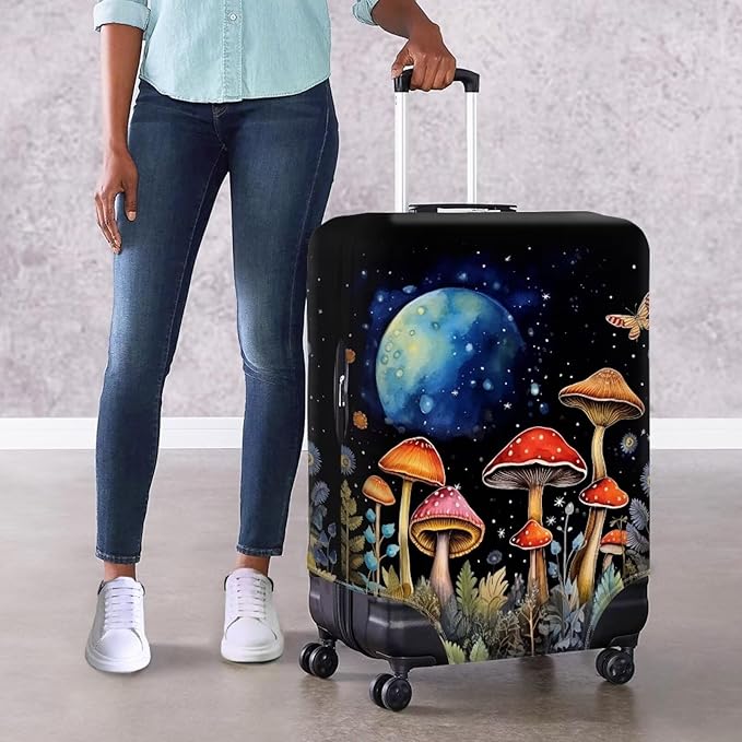 Butterfly Mushroom Print Travel Suitcase Cover Protector Elastic Zipper Closure Fit 26-29 Inch Luggage