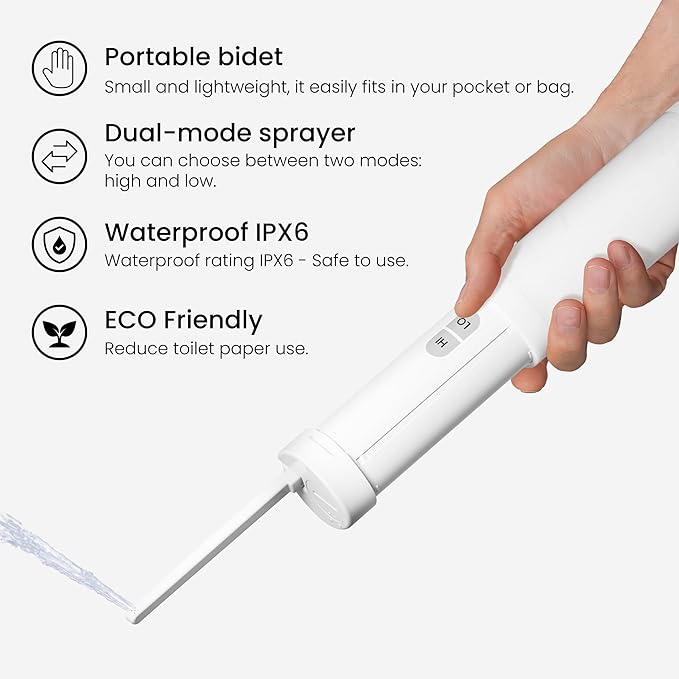 VOVO Go Portable Electric Bidet for Travel - 2 Adjustable Pressure Settings, Compact Handheld Bidet, Ideal for Personal Hygiene & Postpartum Care, Lightweight & Leak-Proof Design - 140ml, White