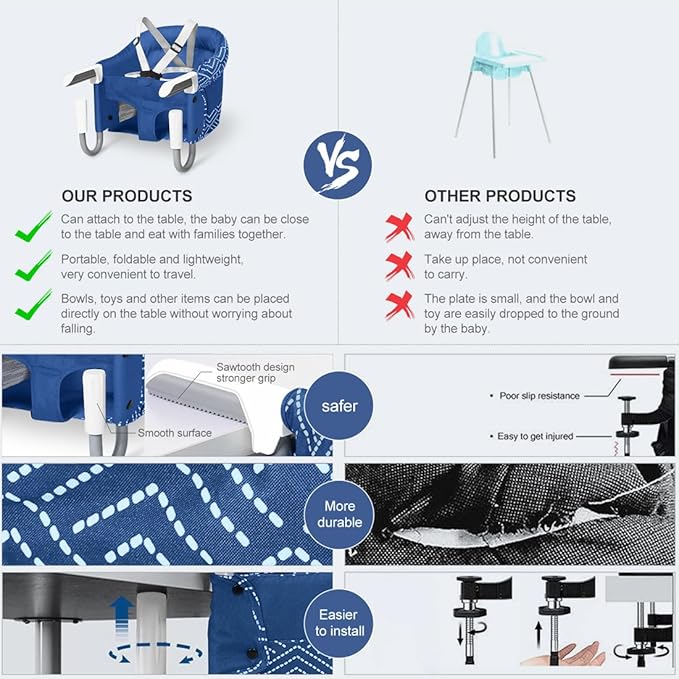 MTWML Hook On High Chair with Tray,Portable Baby High Chair That Attaches to Table,Clip On Fast Table High Chair for Babies and Toddlers.Baby Feeding Seat for Dining Table and Counter (Stripe-Blue)