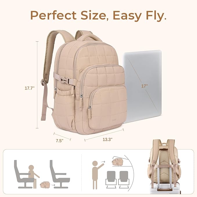 CLUCI 17.3 Inch Laptop Backpack for Women, Anti Theft Travel Backpack, Puffer Quilted Work Backpack, Water Resistant College Bookbag, Carry on backpack with RFID (Khaki)