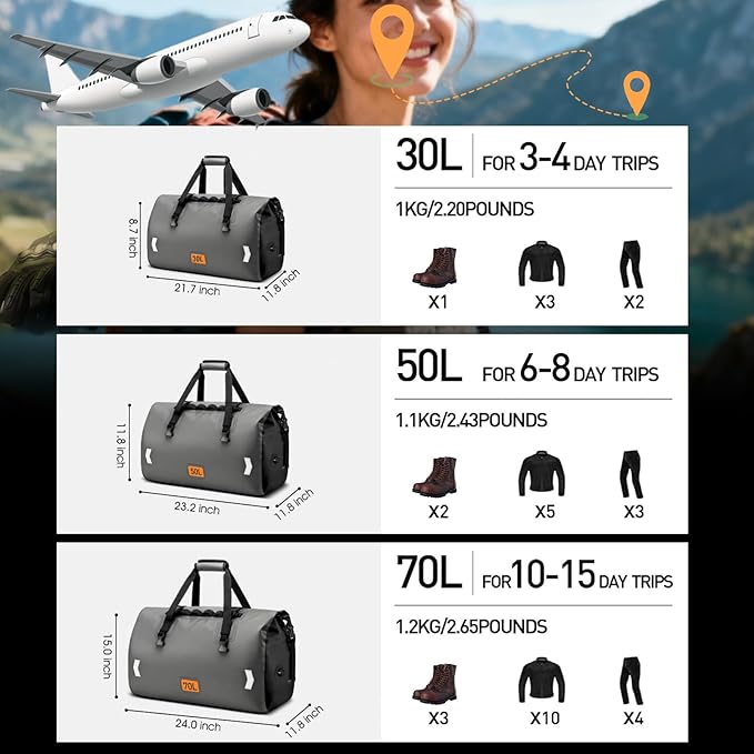 Waterproof Duffel Bag, 50L Roll-top Motorcycle Dry Bag with Air Valve & Quick-fixed Straps, Travel Duffle Bags for Kayaking Paddle Boarding Rafting Boating Camping Riding Fishing - Grey