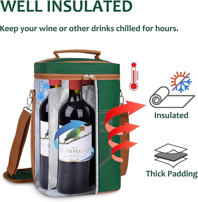Tirrinia 4 Bottle Wine Gift carrier - Insulated & Padded Portable Wine Carrying Cooler Tote Bag for Travel, BYOB Restaurant, Wine Tasting, Party,Gift for Wine Lovers, Green