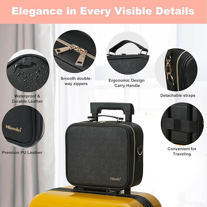 Mocado Travel Makeup Bag with LED Lighted Mirror,Travel Makeup Organizer,Makeup Case with 3 Color Lighted Setting and 10x Magnifying Mirror,Portable Storage and Adjustable Dividers Makeup Box(Black)