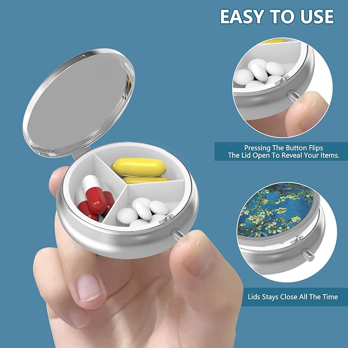 Pill Box 3 Compartment Medicine Pill Case,Portable for Pocket or Purse Pill Box Decorative Metal Medicine Vitamin Organizer Unique Gift(Floral Flower)