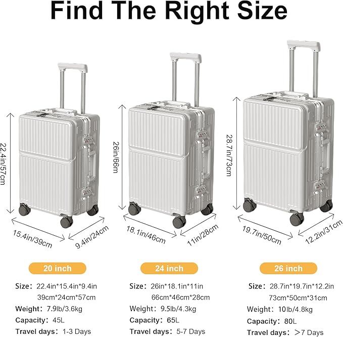 Hard Shell Luggage 20 Inch Travel Luggage, Carry-On Luggage Spinner TSA with Lid, PC+ABS Aluminum Frame，Lightweight Travel Luggage 20'' 24'' 26''Carry-On (upgraded white, 20 inch)