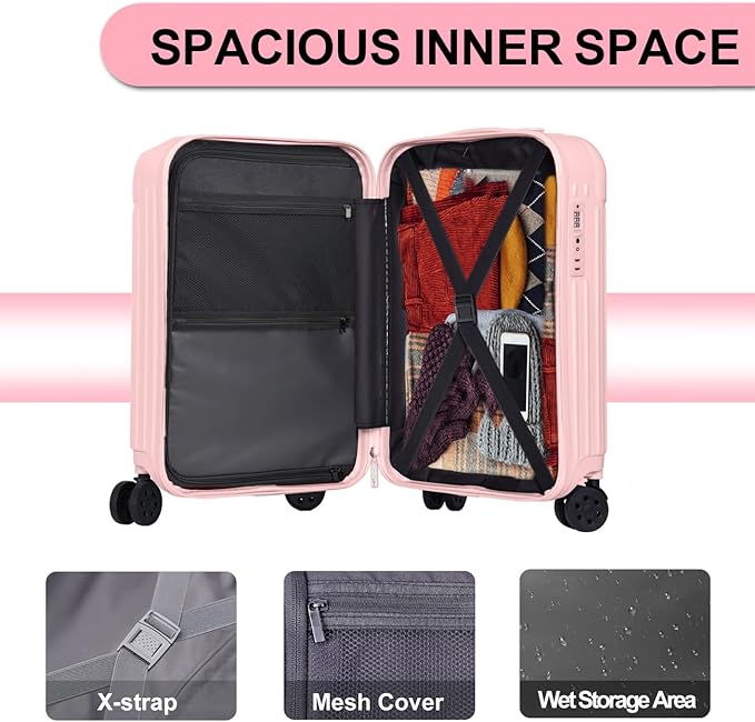Krute Carry on Luggage 20 Inch USB Suitcases with Spinner Double Wheels Cup Holder PC+ABS Hardside Luggage with TSA Lock (Pink)