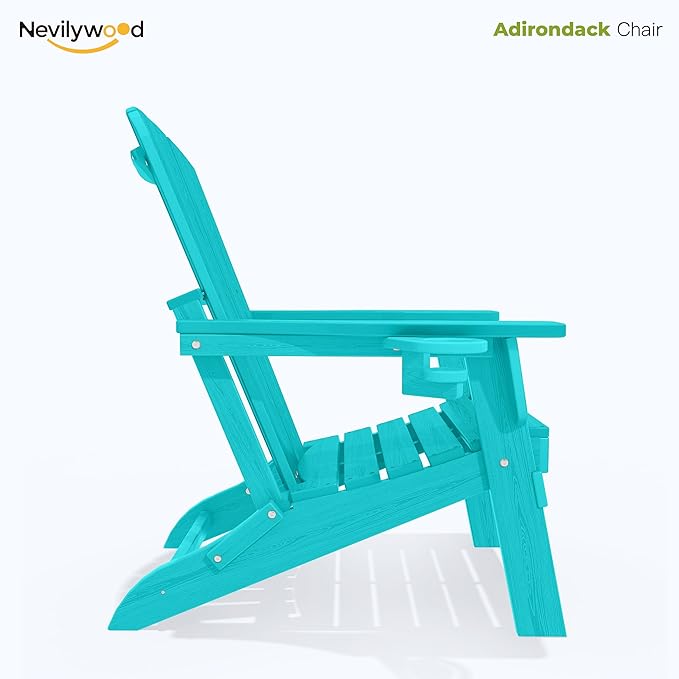 Folding Adirondack Chair - Extended Ergonomic Backrest, Cup Holder - Easy Assembly - Durable HDPE Plastic, Weather Resistant & Maintenance-Free - Lawn, Patio, Deck Supports 400lbs Aruba