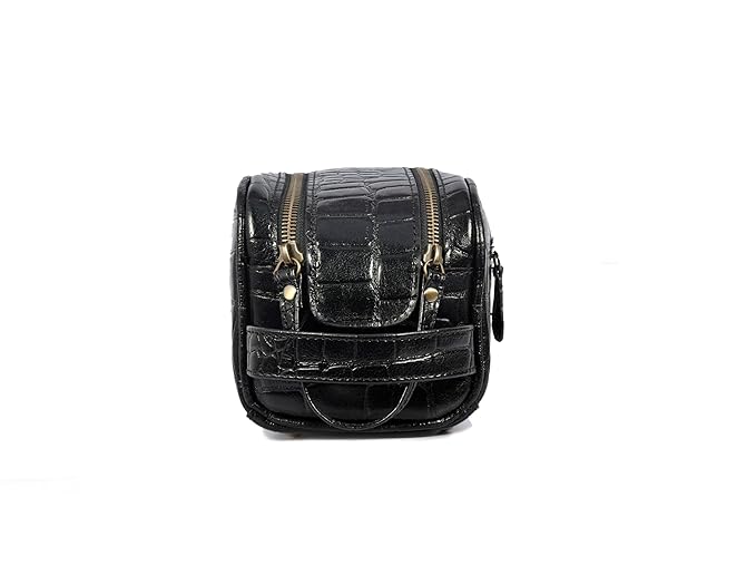 10" Premium Leather Toiletry Travel Pouch With Waterproof Lining | King-Size Handcrafted Vintage Dopp kit By Aaron Leather Goods (Grease Black)