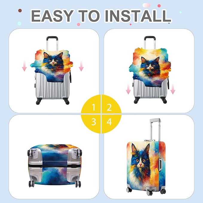 ANNA QUEEN Colorful Cat Luggage Cover, Artistic Blue Cat Design with Rainbow Colors, Stretchable, Washable Travel Sleeve for 20-22 Inch Suitcases
