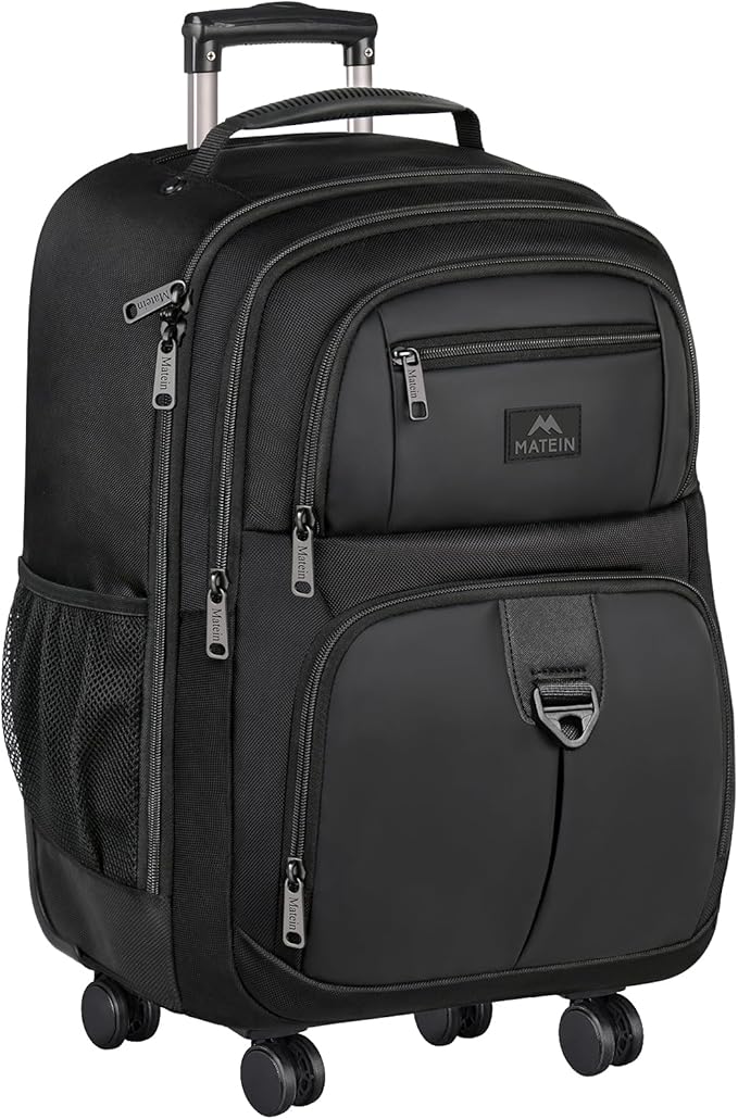 MATEIN Roller Backpack, 18 inch Large Travel Laptop Bag with 4 Wheels for Adults, Heavy Duty Wheeled Suitcase Luggage Pack for Work Business, Rolling Spinner Computer Rucksack for Men Women, Black