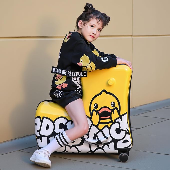 Ride on Kids Luggage with Wheels for Girls and Boys,Hard-sided Kids Rolling Suitcase for Toddler,Carry On 21 Inch Ages 3-6,Yellow