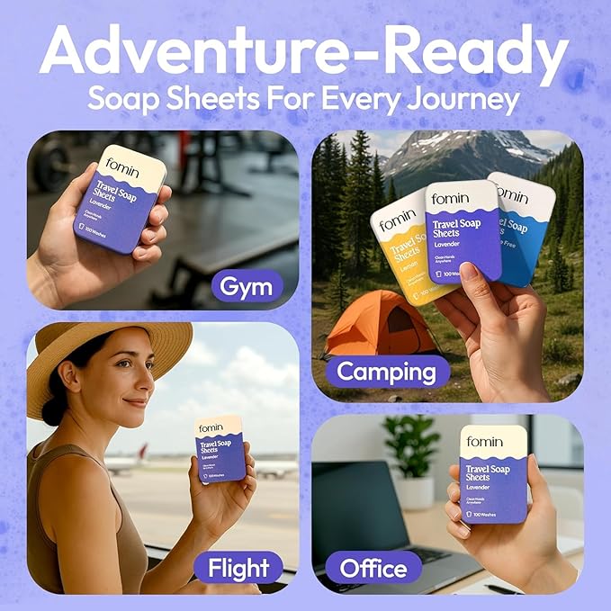 FOMIN - Antibacterial Paper Soap Sheets Tin for Traveling - (300 Sheets) Lavender - Portable Travel Hand Soap Sheet, Dissolvable Mini Camping Hand Soap for Hand Washing