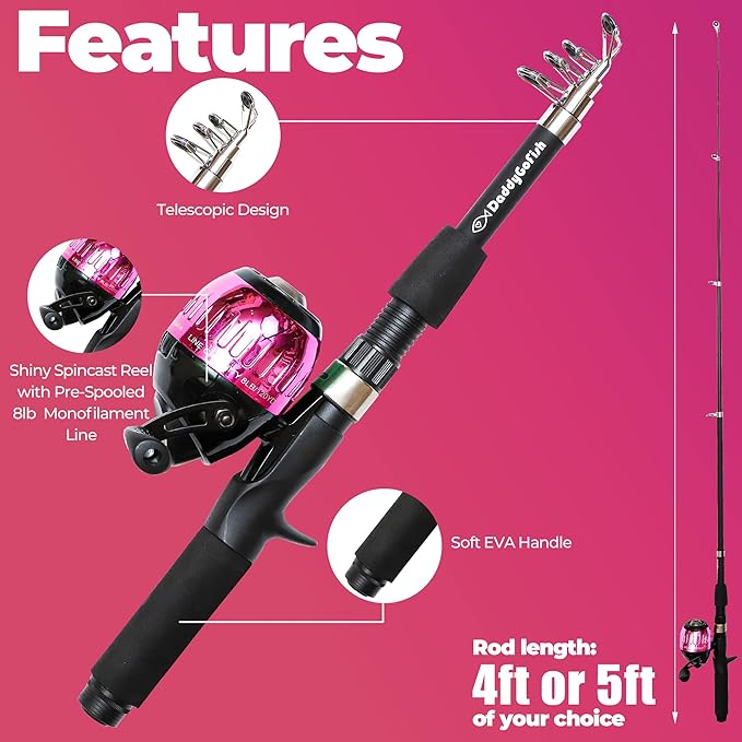 DaddyGoFish Kids Fishing Pole - Rod Reel Combo Tackle Box Starter Set - First Year Small Dock Gear Kit for Boys Girls Toddler Youth Age Beginner Little Children Junior Anglers Older Kids