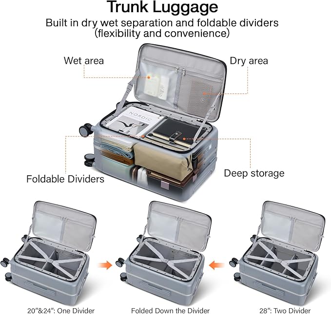 Hanke 24 Inch Luggage with Cup Holder and Charge,Top Opening Hard Shell Suitcases with Wheels and Dividers,Aluminum Frame Trunk Luggage Medium Checked Suitcase with Lock for Travel,Gray