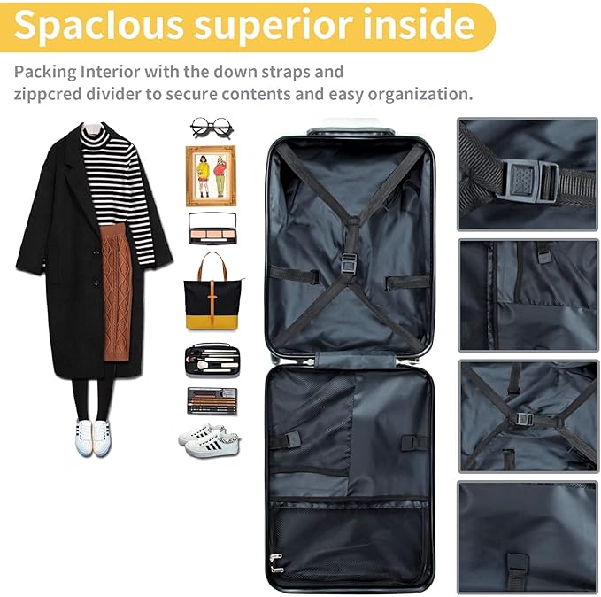 LemoHome Expandable Luggage with Spinner Wheels,Large Suitcases with Child Seat Design,Hard Luggage for Women and Men,20 inch Hardside Carry on Luggage for Travel (black and white)