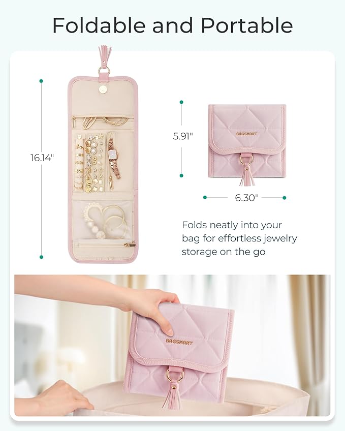 BAGSMART Travel Jewelry Case Organizer, Roll Foldable Jewelry Case for Journey-Rings, Necklaces, Earrings, Bracelets, Brooches, Min, Pink