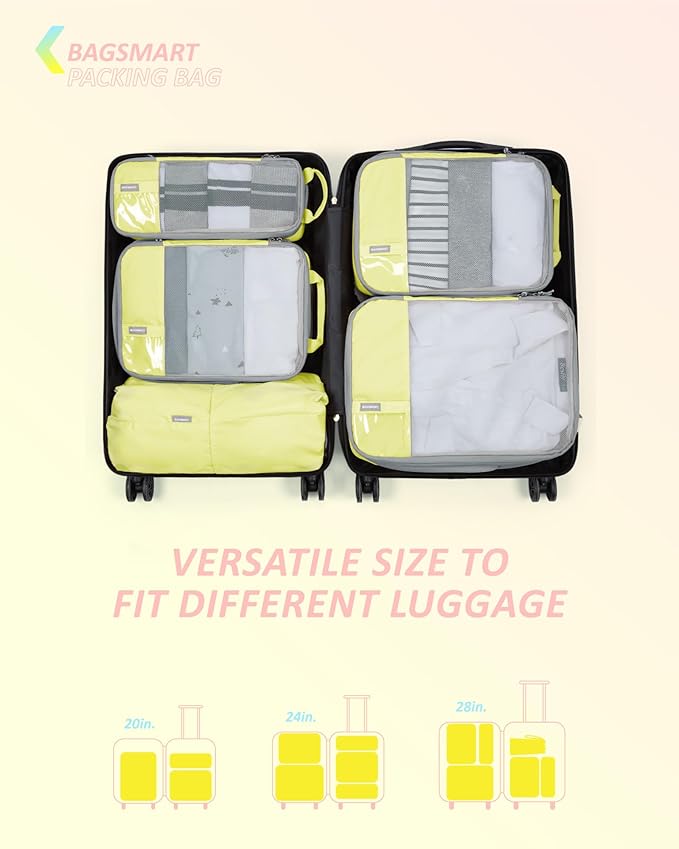 BAGSMART 6 Set Compression Packing Cubes - Lightweight Travel Essentials, Durable Luggage Organizer