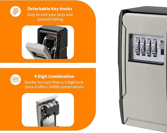 UPGRADE Extra Large Capacity Key Lock Box, Weatherproof Wall Mount Key Box for Car Keys, Fob, House Keys, Key Safe Security Storage Lock Box for Indoor, Outdoor, Garage, Garden, Store (2 Pack, Grey)
