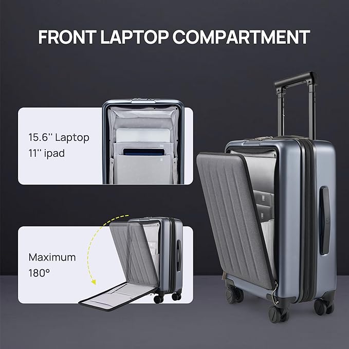 NINETYGO Carry on Luggage 22X14X9 Airline Approved with Front Pocket, 20 Inch Luggage with Front Compartment, Expandable, Double Spinner Wheels, Hardsided PC, TSA Lock (Black, Seine Max)