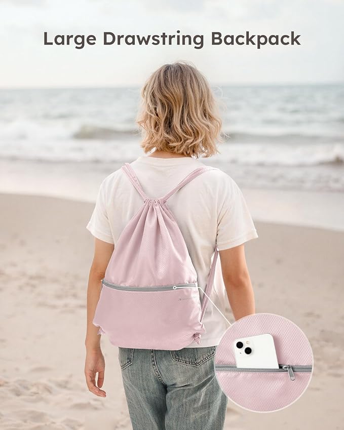 6 Set Compression Packing Cubes for Travel, Bonus Versatile Drawstring Backpack, Lightweight Luggage Organizer Bags, Sturdy Travel Accessories for Suitcase, Pink