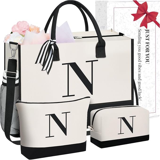 BAGAIL Initial Tote Bag, Personalized Birthday Gifts for Women, Teacher, Friends, Mom, Wedding, Monogrammed Beach Bag