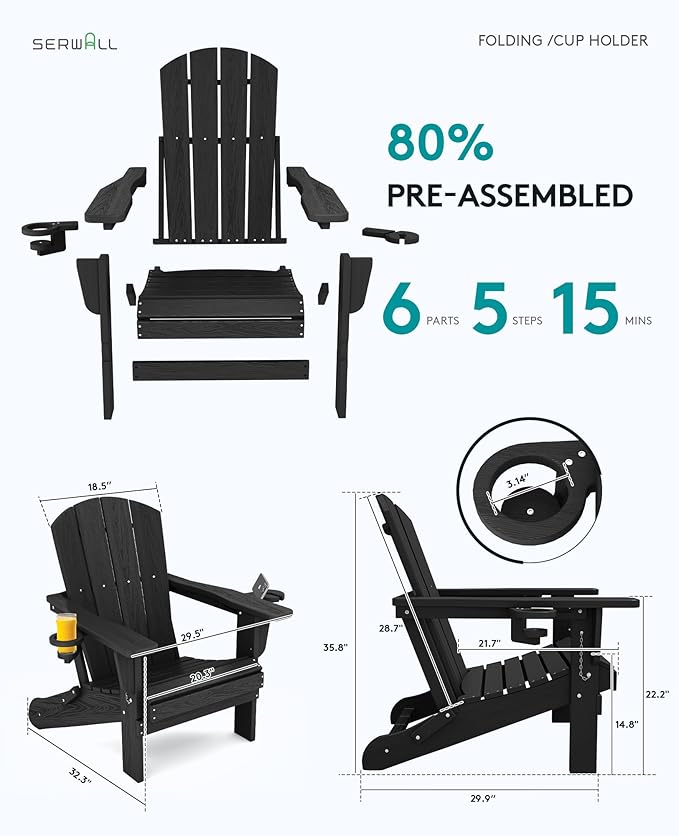 SERWALL HDPE Folding Adirondack Chair with Dual Cup Holder - Composite Adirondack Chair Set of 4- Black