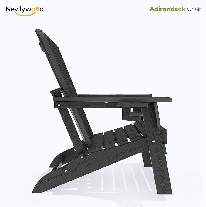 Folding Adirondack Chair, Ergonomic Extended Backrest, HDPE All-Weather, 400lbs Capacity, Maintenance-Free, Cup Holder, （Black）- Outdoor Patio & Firepit Chair