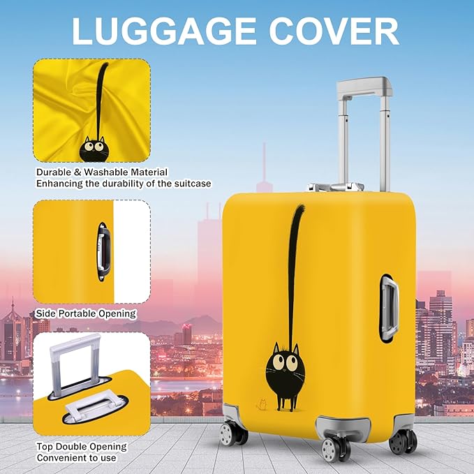 ANNA QUEEN Cute Black Cat Luggage Cover, Whimsical Cat Design with Long Tail, Stretchable, Washable Travel Protector for 28-30 Inch Luggage