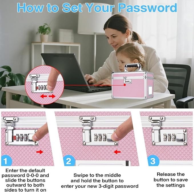 15 x 8.7 x 10 Inch Lockable Storage Box with Combination Lock, Portable Safe for Documents, Medicine, Cash & Valuables, Medicine Lock Box with Label Slot for Home, Office & Travel - Pink