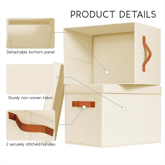 Storage Bins with Lids - Large Fabric Closet Bins with Lid, 5 Pack Clothes Organizers and Storage, Collapsible Stackable Cube Basket for Home, Office, Dorm, Beige