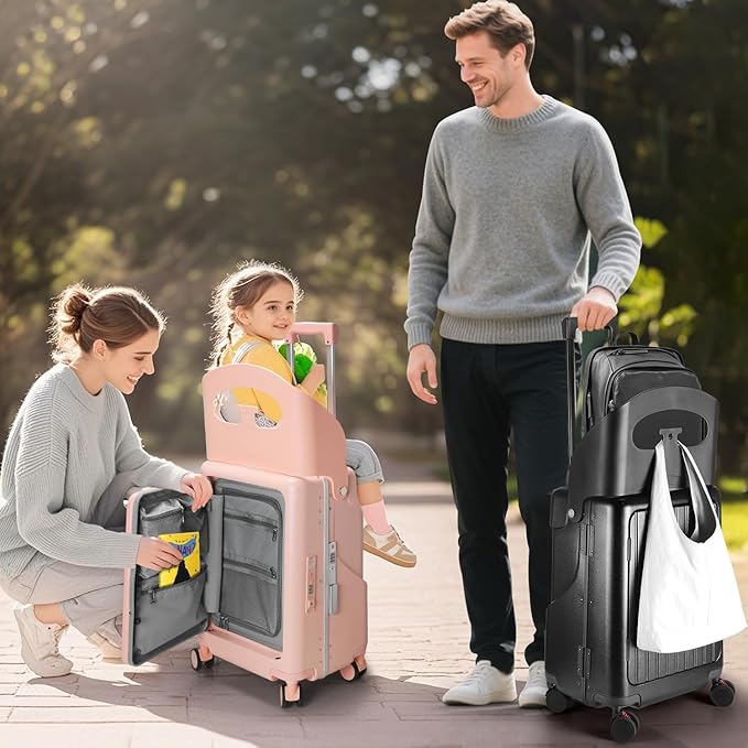 Ride On Luggage with Foldable Seat for Kids&Adults with Seat Belt,Hardshell Ride On Suitcase with Front Pocket,Lockable 4-Spinner Wheels,USB Port,TSA Lock,20 inch,Black